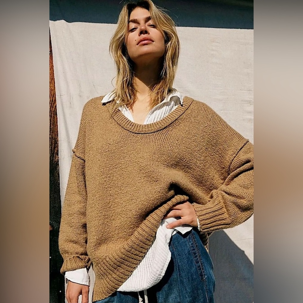 Free People Brookside tunic sweater scoop neck in desert camel
